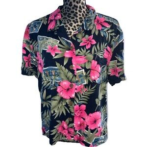 Tiki Reef Club Women’s Shirt Floral Cotton Black Pink Hawaiian Tropical 42” Bust